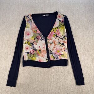 Three Dots Floral Cardigan Women XS Blue Silk‎ Chiffon V-Neck Button Front USA